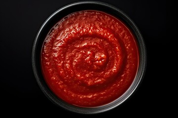 Top view of tomato paste in a black ceramic bowl isolated on a white background