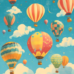 Fototapeta premium Colorful hot air balloons floating in a bright blue sky with fluffy clouds.
