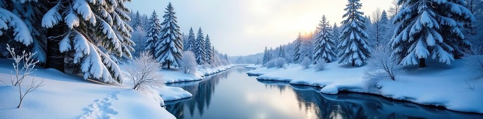 Winter forest with snow-covered trees and a frozen river, carpathian, tree, spruce