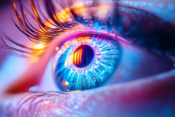 Extreme closeup of a neon eye for eye care product and healthcare advertisement