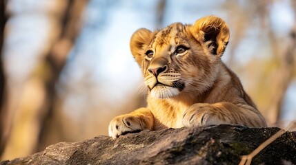 A closeup of a young lion cub resting on a rock with a curious gaze in a natural habitat setting : Generative AI