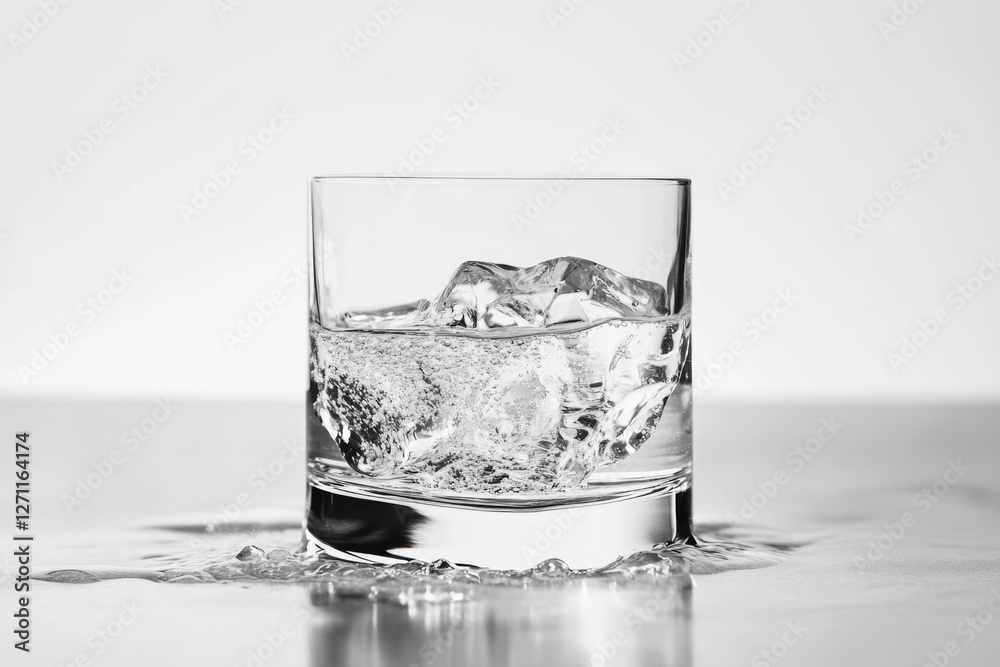 Poster A glass filled with ice sitting on top of a table, perfect for use in scenes where refreshment is needed