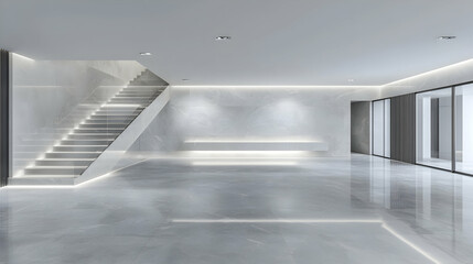 Obraz premium Modern home entrance hall with marble floors and stairs, open plan design, luxury interior