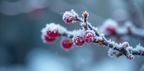 Closeup of frost-covered buds on a tree branch, frozen branches, winter