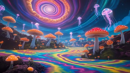 Psychedelic Forest with Spiral Galaxy Sky	