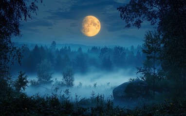 Fototapeta premium A full moon casting its glow over a misty forest