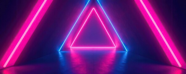 Glowing triangular portal in neon light tunnel, virtual reality, radiant, abstract
