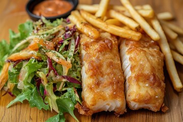 A wooden table set with French fries and a salad, perfect for a casual dining or outdoor picnic