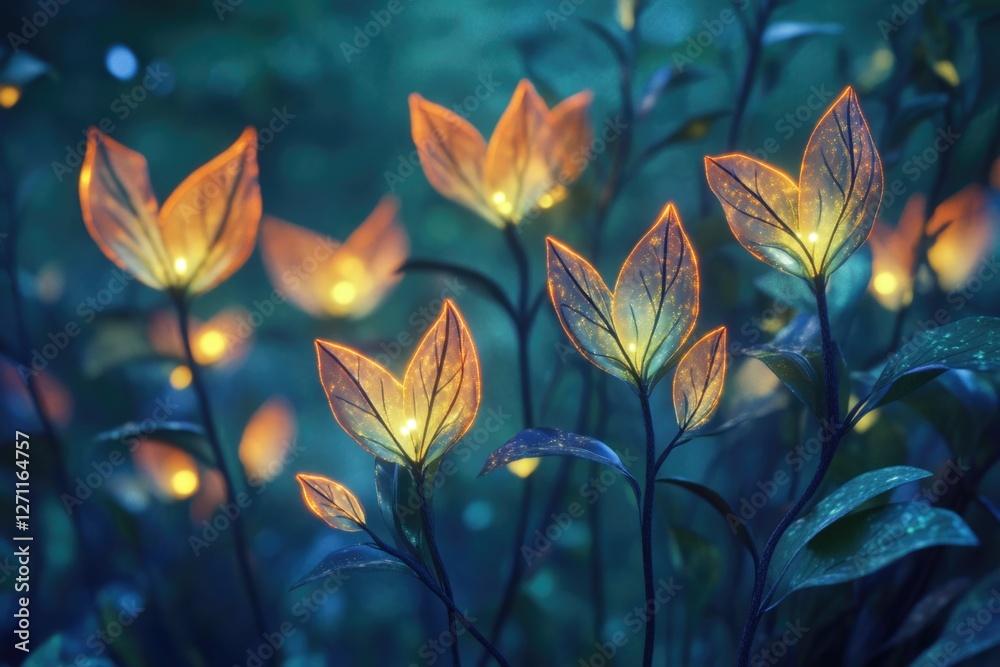Poster a bunch of flowers that emit a soft glow in the dark, perfect for use in sci-fi or fantasy illustrat