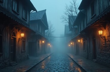 Dark medieval street with lanterns in fog at dusk. Gloomy cityscape digital art. Eerie light illuminates cobblestone road in mystery town, creating scary skittish atmosphere.