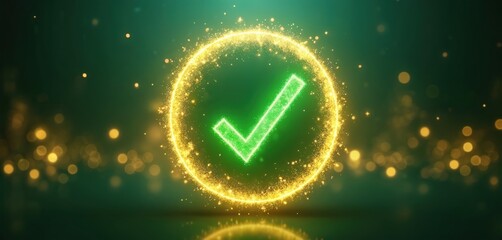 Glowing sparkling background green check mark in circle. Approval, quality, acceptance. Abstract design for business, tech, certification concepts. Use as confirmation icon, positive status