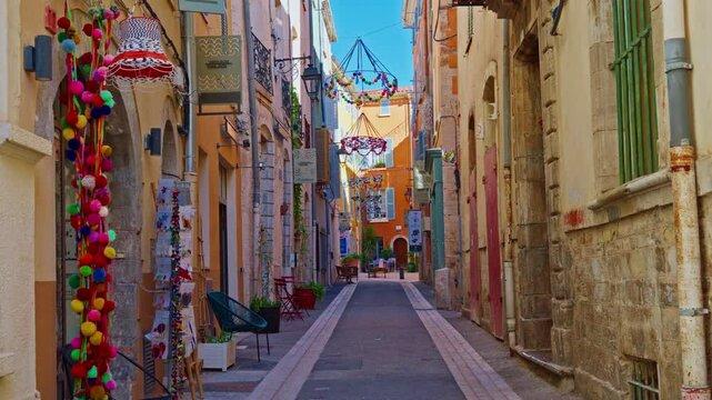Walking through the ancient streets of the historic center of the city of Hyeres in the Var department on the azure coast of the Mediterranean Sea Tourist destination France