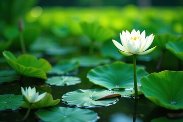 Water lily stems with delicate white flowers and lush green leaves in full bloom, aquatic life, freshwater