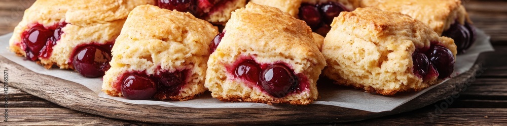 Poster a close-up view of a plate of freshly baked scones, perfect for snacking or serving at a tea party