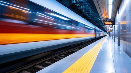 Fototapeta premium Dynamic view of fast moving train at a station with blurred lights and smooth motion : Generative AI