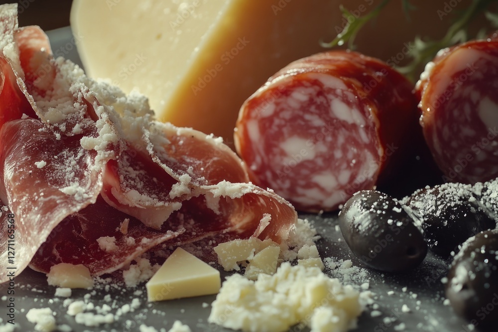 Poster a assortment of meats and cheeses displayed on a table, ideal for parties or gatherings