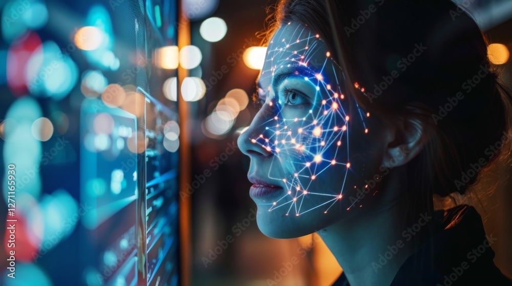 Poster A woman stands in a modern setting, her face illuminated by a dynamic display projecting intricate digital patterns, emphasizing the intersection of technology and human identity.