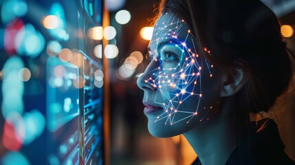 A woman stands in a modern setting, her face illuminated by a dynamic display projecting intricate digital patterns, emphasizing the intersection of technology and human identity.