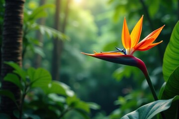 Exotic flowers blooming among the foliage of a tropical tree, botanical garden, tropical rainforest, flowers