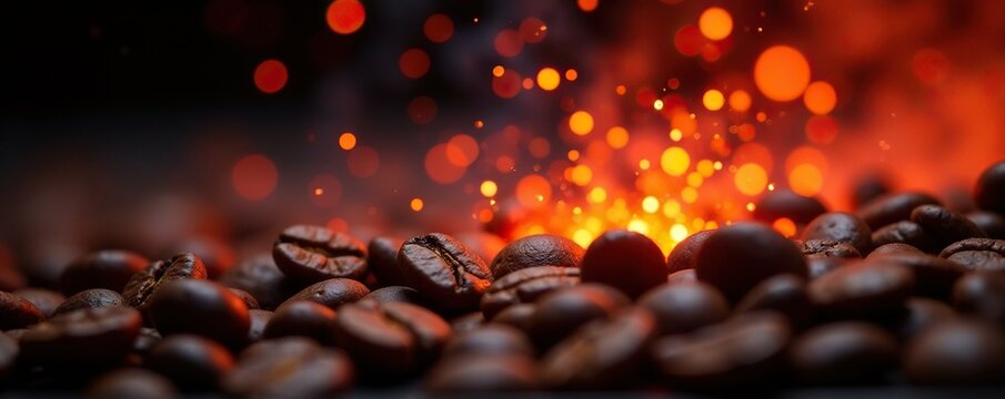 glowing red sparks rise from freshly roasted coffee beans, fragrance, glow, flame - Powered by Adobe