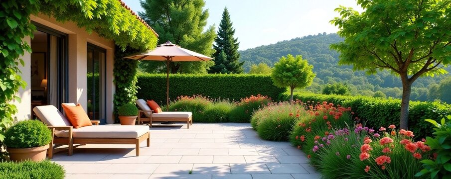 Bogenf?rmige Terrasse mit Blumenkorb und Federpalmen, federpalmen, mediterran