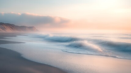 A serene coastal scene at dawn, featuring gentle waves lapping against the shore, enveloped in soft mist and warm pastel hues.