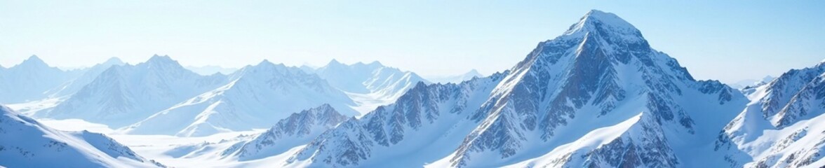 Snowy peaks rise high in the frozen mountain range, winter landscape mountains snow frost, alpine, snowy