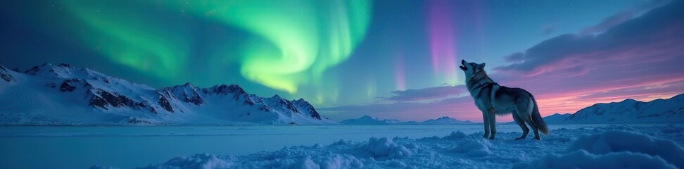 Naklejka premium Wolves in the frozen tundra howling at the northern lights, nature, wildlife, cold