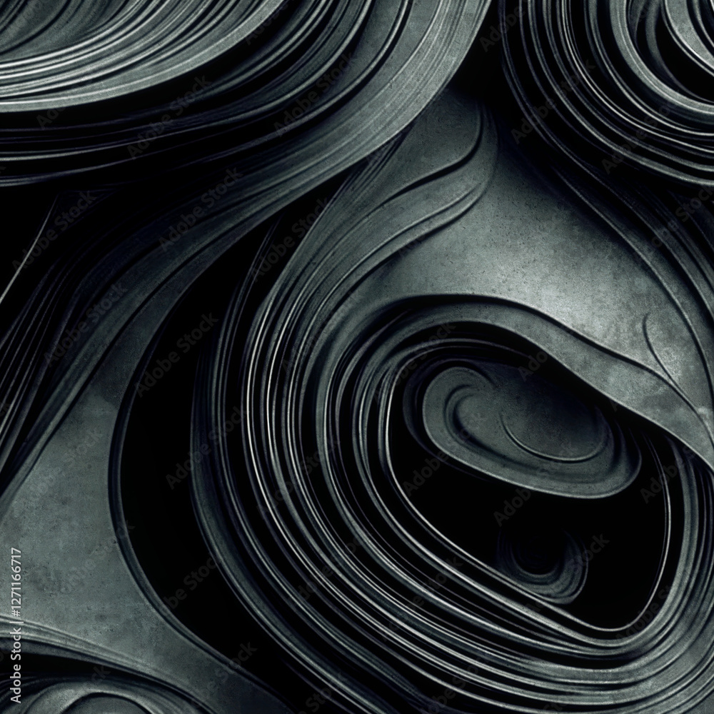 Poster Gray-black abstract shapes with undulating texture rendered in a minimalist style, emphasizing textural details