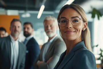 A woman wearing glasses stands among a crowd of people, suitable for use as a placeholder image or to illustrate a scene of community or gathering