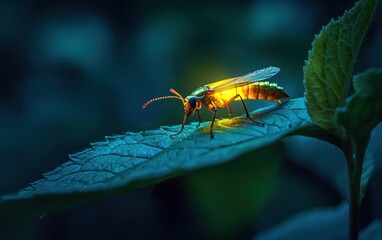 Naklejka premium A glowing firefly resting on a leaf at dusk
