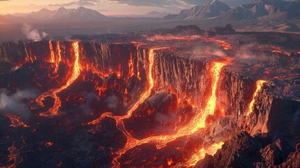 Fototapeta premium Volcanic landscapes concept. A breathtaking view of flowing lava from an active volcano at sunset.