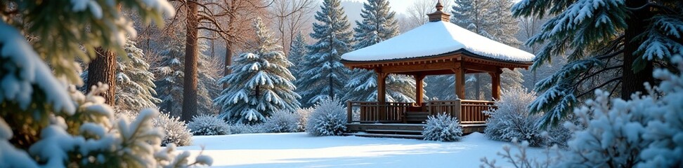Dense branches of evergreen trees surround the wooden gazebo, nature scenery, wooden gazebo, snow-covered plants