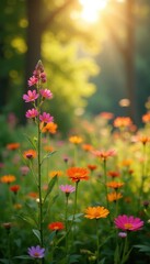 Fototapeta premium Dappled sunlight filters through wildflowers tall, blooms, tall