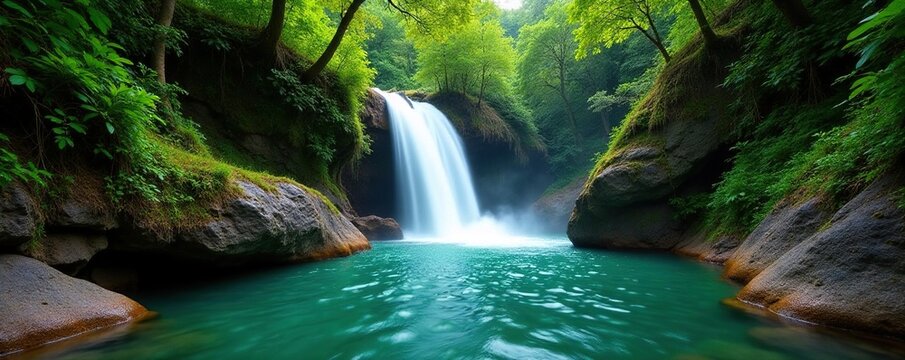 Emerald waters of Juan Diego Falls cascading down rocky terrain in El Yunque National Forest, forest, rock, river