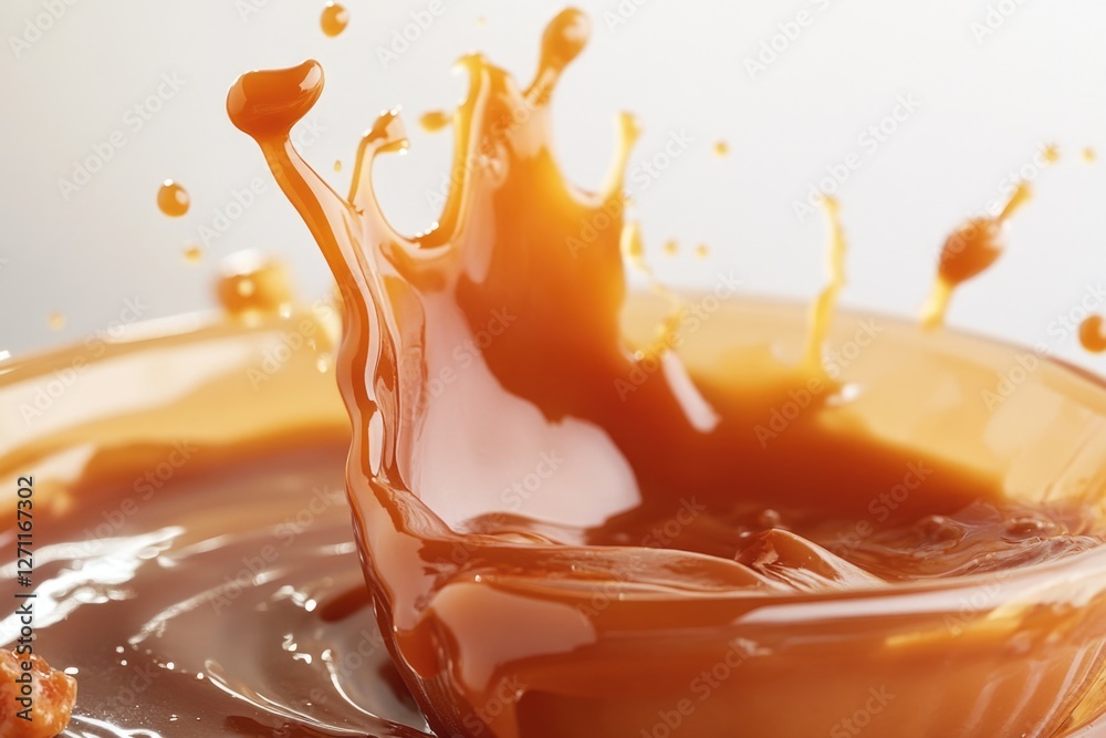 Poster a close-up shot of a bowl containing melted chocolate with a splash of liquid on the surface