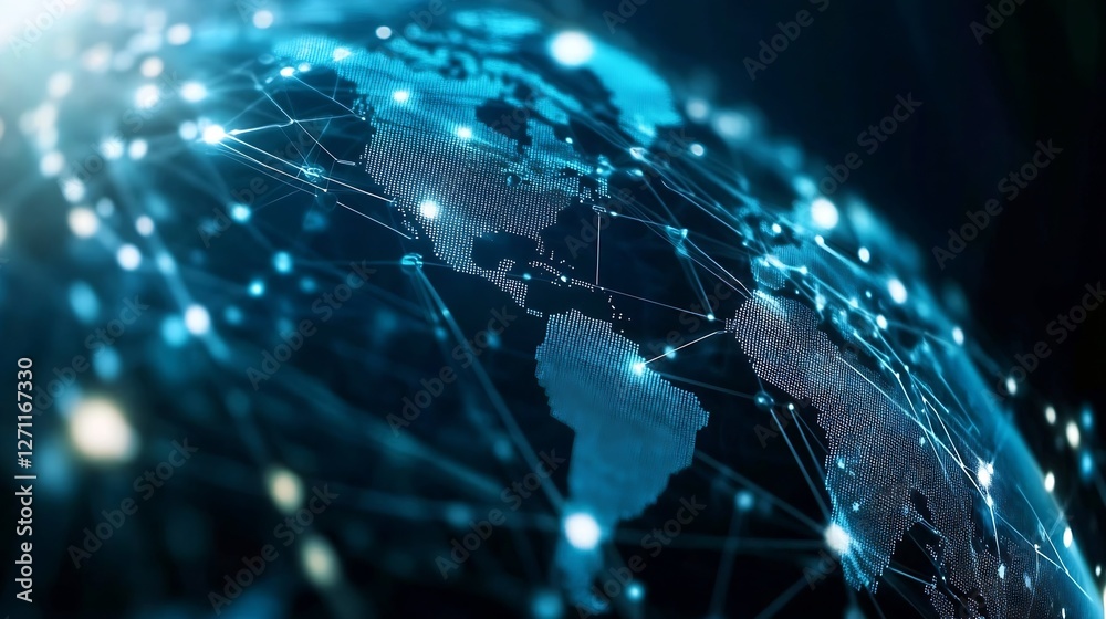 Fototapete Glowing digital globe network showing interconnected continents and data flow in a futuristic design : Generative AI