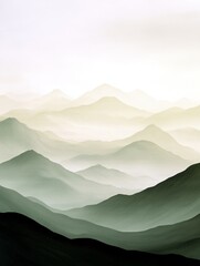 Serene mountain landscape with layered hills and soft mist creating a tranquil atmosphere