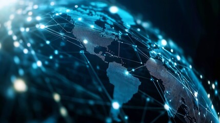 Glowing digital globe network showing interconnected continents and data flow in a futuristic design : Generative AI