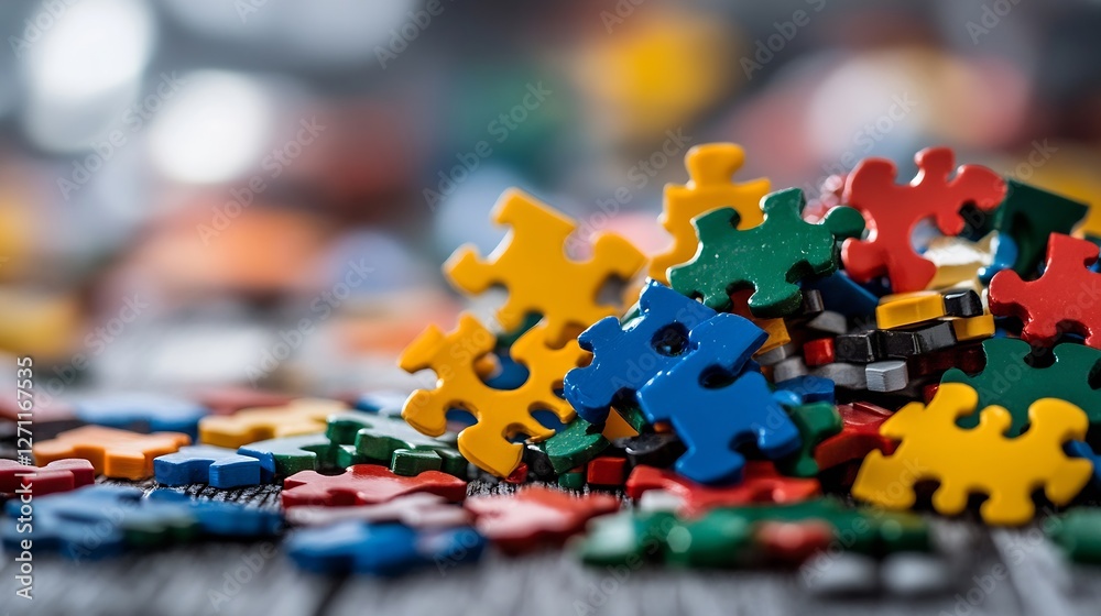 Poster colorful jigsaw puzzle pieces scattered on a wooden surface creating a playful scene : generative ai