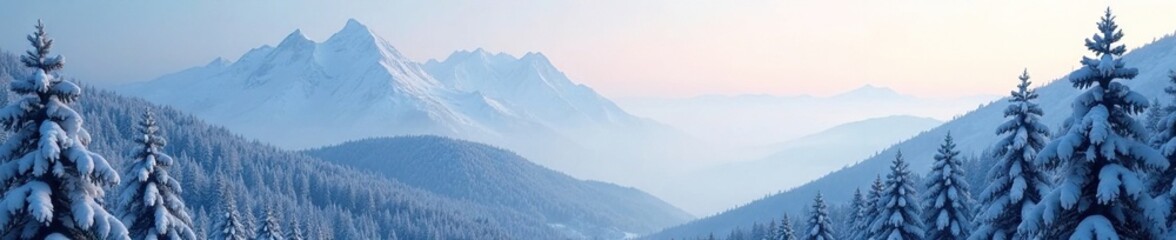 Dense snowy branches of coniferous trees against a hazy winter sky, , foggy mountain landscape, mountain range