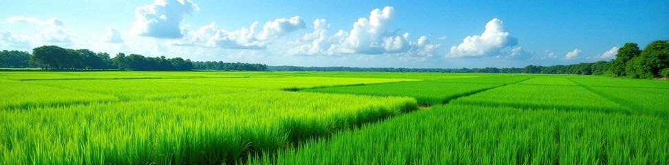 Obraz premium Water-covered rice fields with lush greenery under an open blue sky, farm, rice fields, water