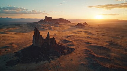 Volcanic landscapes concept. A breathtaking sunset over unique rock formations in a vast desert landscape.
