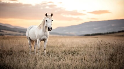 Obraz premium Graceful white horse standing in a scenic field at sunset : Generative AI