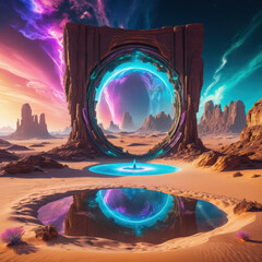 Sci-Fi Landscape with Glowing Portal and Sunset Sky