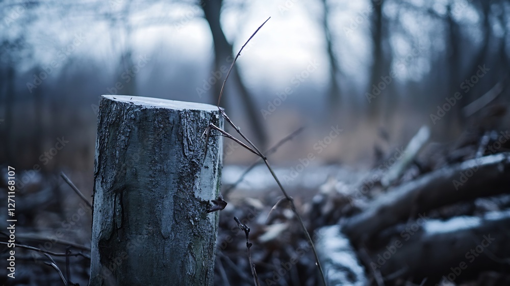Poster closeup of tree stump surrounded by dry branches in a serene forest environment : generative ai