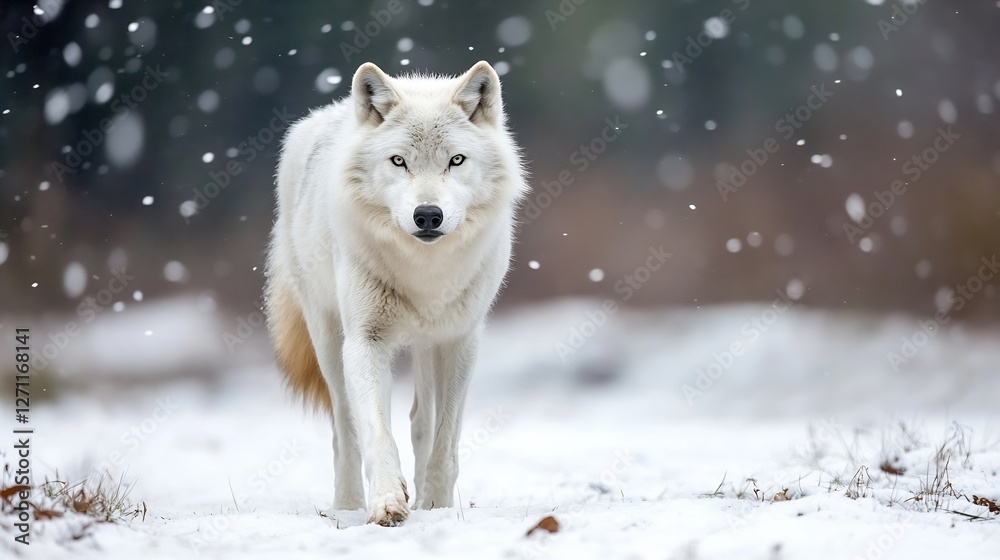 Poster majestic arctic wolf standing calmly in snowy winter landscape captured with beautiful bokeh effect 