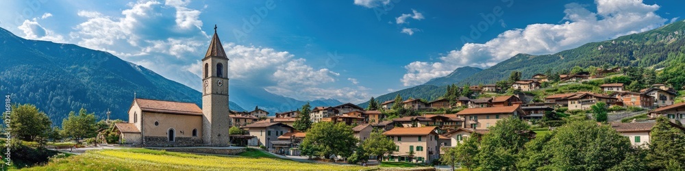 Poster a picturesque view of a small town with a prominent steeple in the background, perfect for use in tr