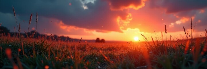 Softly glowing embers fall from the sky onto a grassy meadow at sunset, ashes, grass, sky