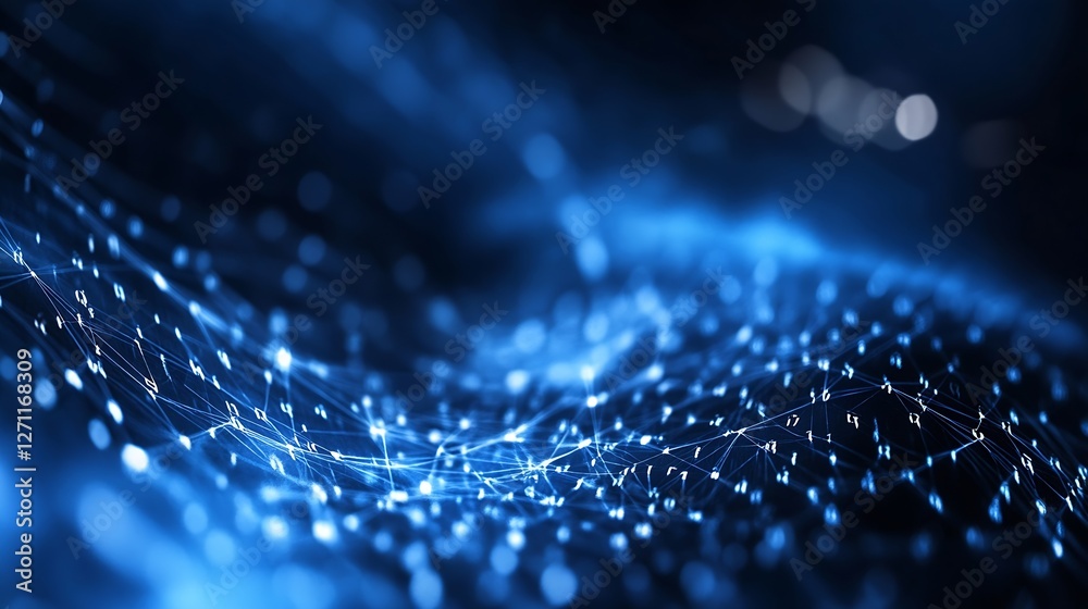 Poster Abstract representation of flowing digital data streams and glowing particles in blue hues : Generative AI